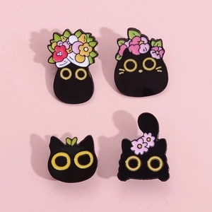 Cute Black Cat Flower Enamel Brooch Pin Alloy Cartoon Animal Badge For Backpack Clothing Decoration Jewelry Women Gift