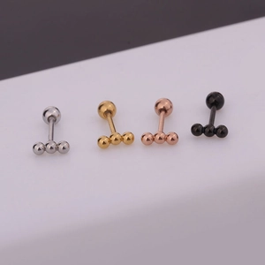 Pendientes de cartílago de tres perlas en plata, oro, oro rosa y acero negro
