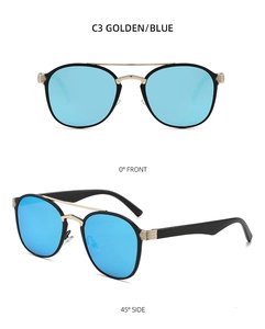Front and 45-degree side views of retro double-bridge sunglasses with blue lenses