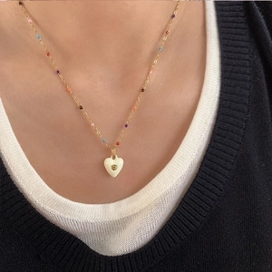 Titanium steel heart pendant necklace with colorful beads on a fine gold chain