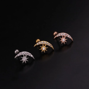 Detail view of crescent moon and star screw back earrings in silver, gold, and rose gold