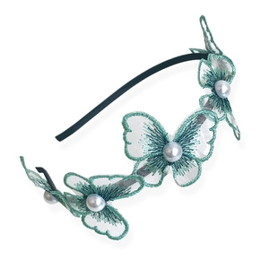 Elegant forest green headband featuring three embroidered butterflies with pearl centers