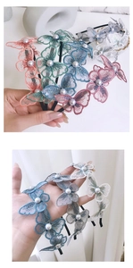 Detail of embroidered lace butterfly headbands with pearl beads in multiple colors