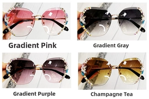 Detail of oversized rhinestone sunglasses in gradient pink, gray, purple and tea colors