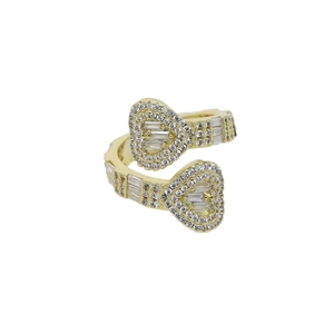 Close-up of heart-shaped open ring with micro-paved baguette and round zircons