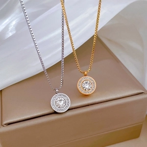 Minimalist titanium steel necklace with sparkling crystal ring pendant in gold and silver
