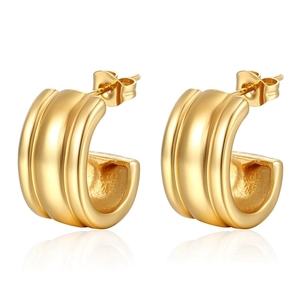 Golden 18K plated geometric C-shape stainless steel earrings with textured grooves