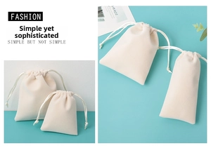 Detail showing plush cream drawstring jewelry pouches in rectangular and square shapes