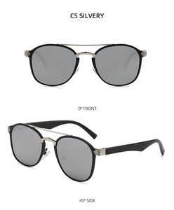 Detailed views of double bridge aviator sunglasses with silver lenses and black frames