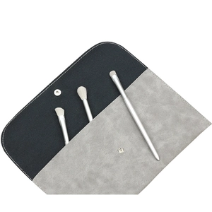 Grey suede-like PU cosmetic brush envelope bag with snap button and 3 silver-handle brushes