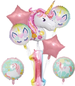 Detailed 6-piece unicorn balloon set featuring a pink number 1 and star for 1st birthdays