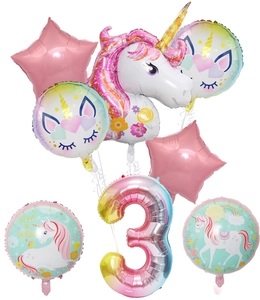 Seven-piece unicorn party balloon set with number three and stars for birthday decor