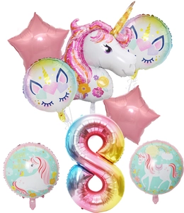 Detailed view of unicorn foil balloon set with large rainbow gradient number 8 and pink stars