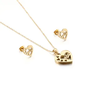 Parure De Bijoux En Acier Inoxydable Collier Et Boucles D'oreilles Cœur Évidé Cadeau Fête Des Mères Mãe Élégant