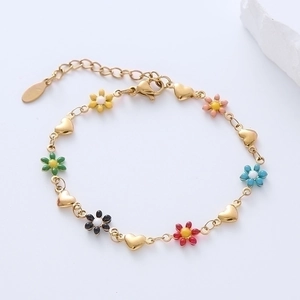 18k gold plated stainless steel heart chain bracelet with colorful enamel flower charms