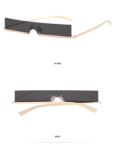 Detail view of rectangular sunglasses showing 45-degree side and back metal temples