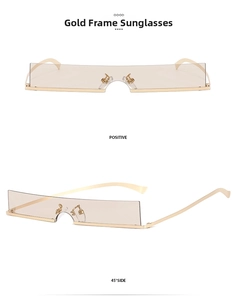 Detail view of gold metal frame sunglasses with rectangle brown lenses from two angles