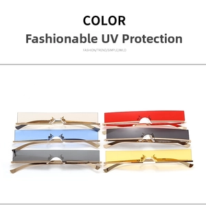 Detailed view of six rimless narrow rectangle sunglasses with multi-color lenses and metal temples