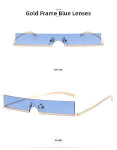 Detailed view showing gold metal frame and blue lenses of rectangular sunglasses