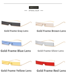 Optional color display of narrow rectangular sunglasses with gold metal frames and tinted lenses