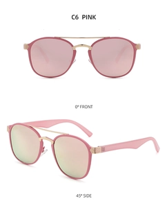 Pink double-bridge retro oval sunglasses showing front and 45-degree side view