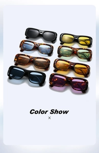 Detailed color show of vintage rectangle sunglasses in eight different stylish lens tints