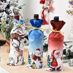 Three-piece Christmas wine bottle gift bags set with Santa, reindeer and snowman designs