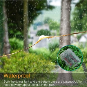 Waterproof copper wire LED string lights with battery box shown in outdoor rainy forest