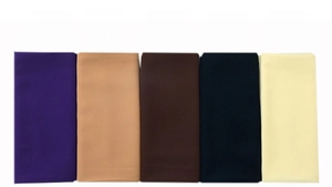 Detail view of colorful breathable chiffon scarves in purple, sand, brown, navy, and yellow
