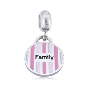 Macro shot of silver-plated pendant with striped pink enamel and Family lettering