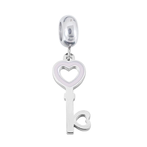 Detailed view of silver titanium key pendant with soft pink enamel heart detail