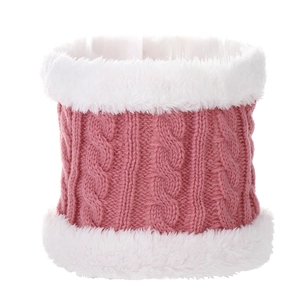 Pink cable knit neck warmer for children with white faux fur lining and warm texture
