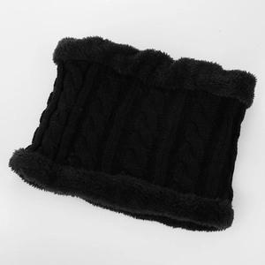 Detailed close-up of black winter neck warmer with thick fleece lining and knit texture