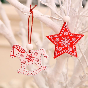 Wooden Christmas ornaments set featuring a red star and white rocking horse for tree decor