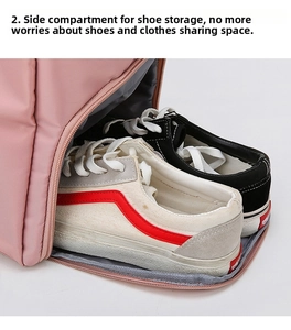 Pink gym bag featuring a dedicated side compartment for separate sports shoe storage