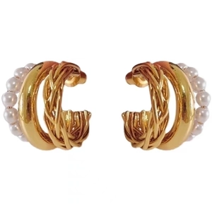 French vintage 18K gold plated multi-layer hoop earrings with white pearls and braided texture