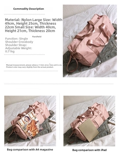 Pink sports bag size comparison with A4 magazine and iPad for fitness or travel use