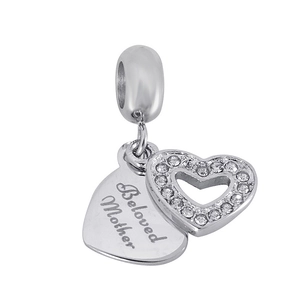 Detail of silver heart charm with Beloved Mother engraving and rhinestone accents