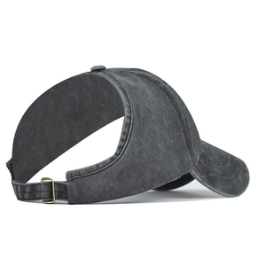 Detail view of washed grey cotton ponytail baseball cap with adjustable bronze buckle