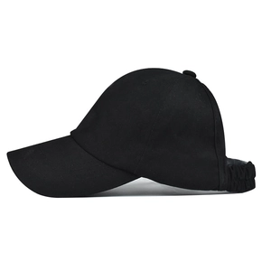 Black ponytail baseball cap with open back elastic band for high hair and sun protection
