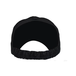 Close-up of the wide elastic band on the back of a black ponytail sun visor hat
