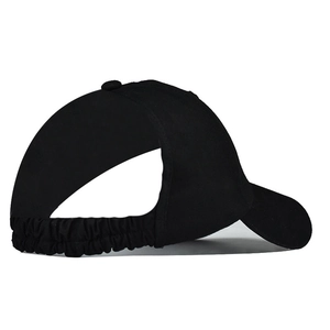 Black cotton ponytail baseball cap with elastic open back for high buns and sports
