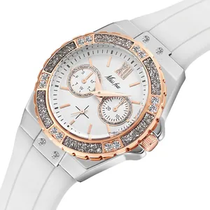Luxury women's quartz watch with white silicone strap and diamond-encrusted rose gold bezel