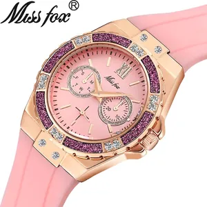 Pink silicone strap ladies watch with rose gold diamond bezel and multi-function dial