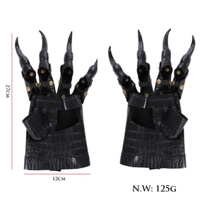 Detailed view of black dragon claw gloves with scales and size markings in 27cm
