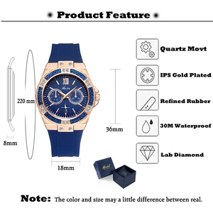 Detailed size specifications and key features of the rose gold silicone women's watch