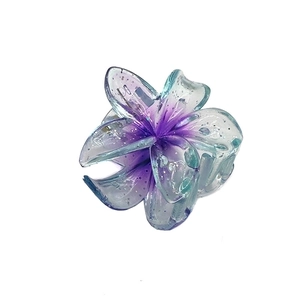 4cm clear glitter plumeria hair claw clip with purple and teal gradient resin design