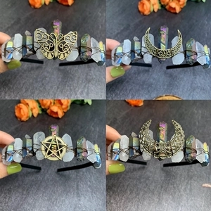 Handmade Natural Raw Clear Quartz Rainbow Aura Crystal Crown Headband Moon Butterfly Bee Bridal Tiara Bohemian Hair Accessories