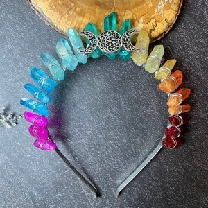 Handmade rainbow crystal moon crown headband with natural stones and triple moon symbol