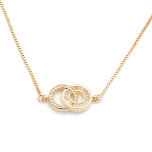 Micro-paved zircon double interlocking circles pendant necklace in gold-plated finish
